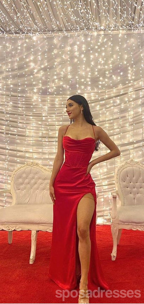 Sexy Red Mermaid Spaghetti Straps Side Slit Maxi Long Party Prom Dresses,Evening Dress,13432