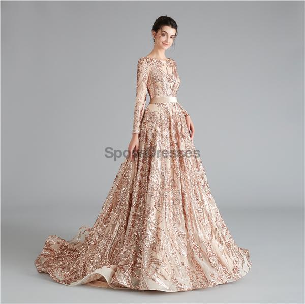 Μακριά μανίκια Sparkly Rose Gold Backless Evening Prom Dresses, Evening Party Prom Dresses, 12111