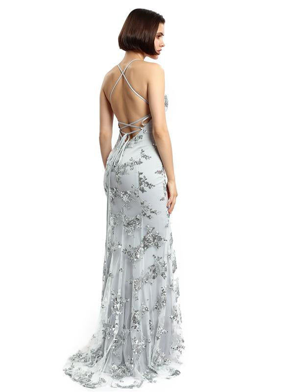 Sexy Backless Gray Sequin Lace Mermaid Long Evening Prom Dresses, Cheap Prom Dresses,17264