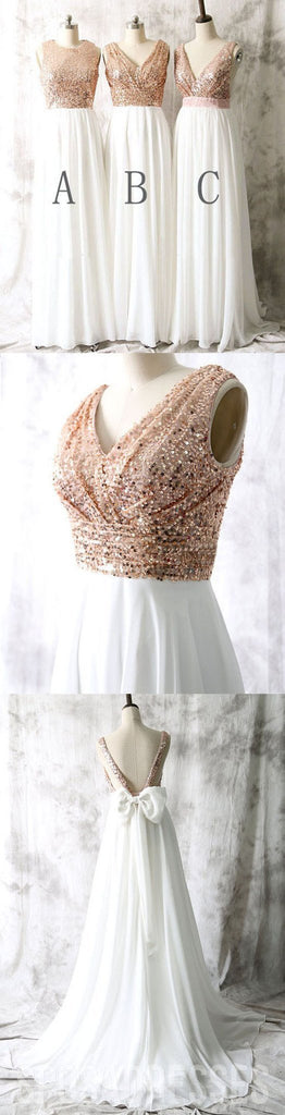 'Ασχημα ρούχα Sequin Top White Chiffon Slevless on Sale Long Bridessaid Dress for Wedding, WG17