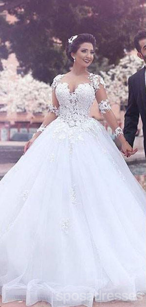 White See Through Off Shoulder Long Sleeves Lace A-line Wedding Dresses Online, WD410