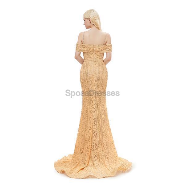 Off ώμο σπαγγέτι ιμάντες χρυσό δαντέλα βράδυ prom φορέματα, βραδινό κόμμα prom φορέματα, 12056