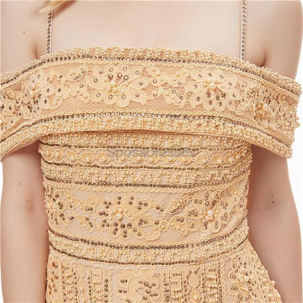 Off ώμο σπαγγέτι ιμάντες χρυσό δαντέλα βράδυ prom φορέματα, βραδινό κόμμα prom φορέματα, 12056