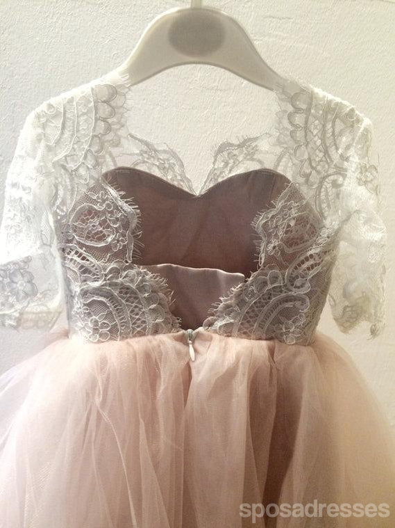 Mangas de parte superior de cadarço vestidos de menina de flor de tule rosa, V-costas pequenos vestidos de menina populares, FG027