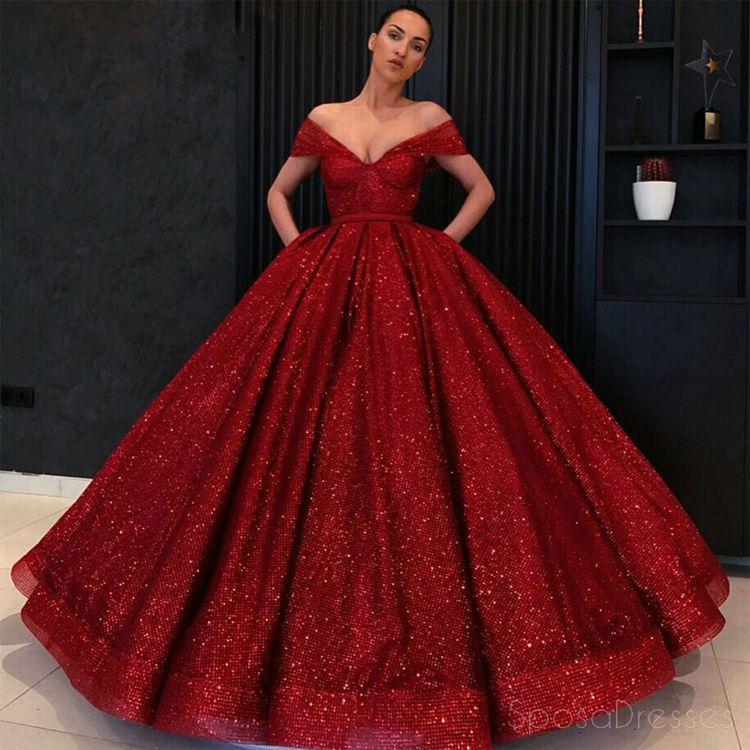 Off Ώμος Κόκκινο Sparkly Μπάλα Φόρεμα Φτηνές Μακρύ Βράδυ Prom Φορέματα, Φτηνές Custom Sweet 16 Φορέματα, 18530