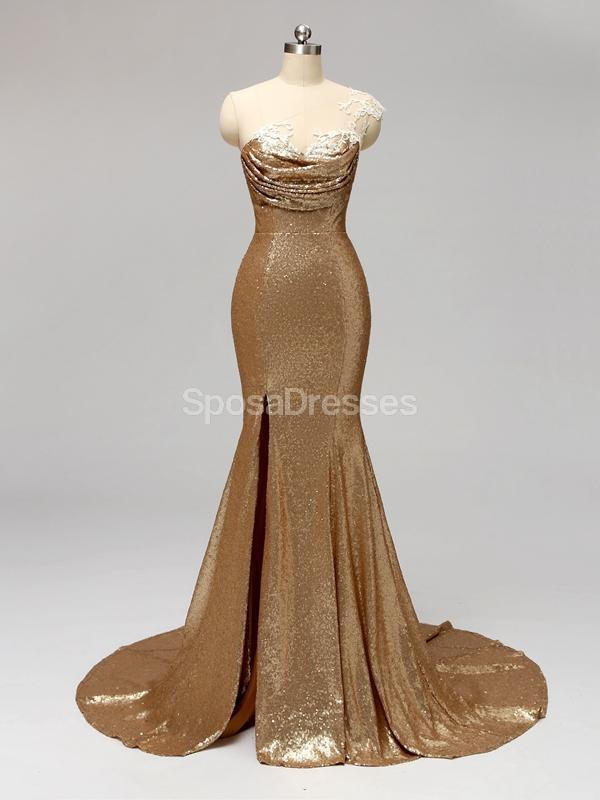 Lantejoula de ouro de um ombro sereia vestidos de dama de honra baratos baratos on-line, WG596