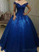Azul Royal Off Shoulder Lace A linha Long Evening Prom Dresses, 17469
