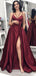 Maroon Σπαγγέτι ιμάντες πλευρά σχισμή μακρύ βράδυ Prom φορέματα, φτηνά custom γλυκό 16 φορέματα, 18467