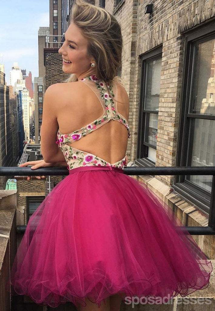 Σέξι ανοιχτό πίσω V λαιμό ζεστό ροζ δαντέλα φθηνά φορέματα Homecoming 2018, CM452