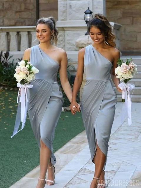 One Shoulder Grey Short Bridesmaid Dresses, Cheap Bridesmaids Dresses, WG739