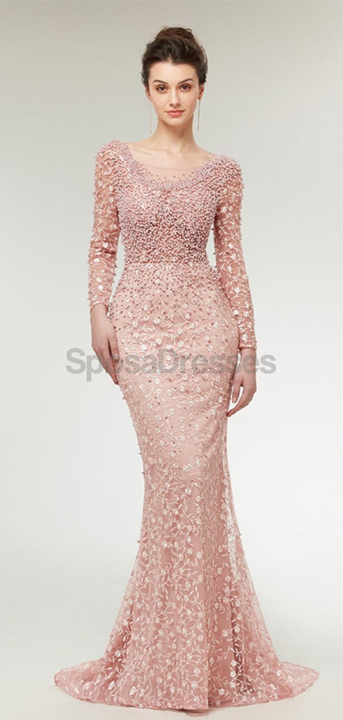 Μακρυμάνικα δαντέλα Γοργόνα Ροδάκινο βραδινά φορέματα Prom, Φόρεμα βραδινού πάρτι Prom, 12020
