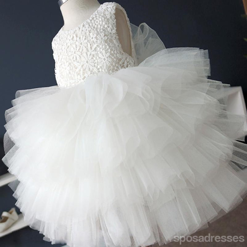 De vestidos de menina de flor de tule de topo de cadarço brancos, vestidos de tutu atraentes de casamento, FG032