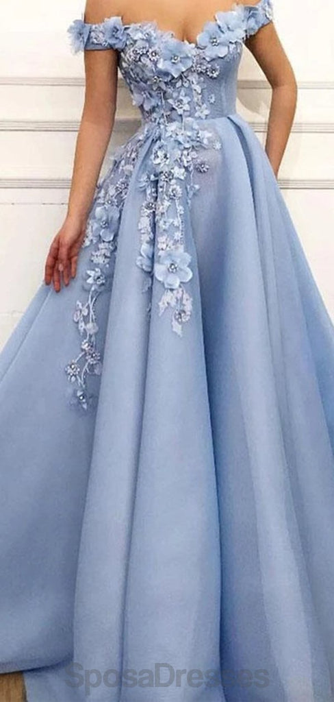Εκτός ώμου Χειροποίητο Λουλούδι Μπλε Φτηνές Μακρινές Βραδινές Φορέματα, Βραδινά Φορέματα, 12151