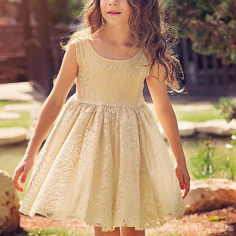 Scoop Neckline Lace A-line V-back Φορέματα λουλουδιών, υπέροχα φορέματα μικρών κοριτσιών, FG064