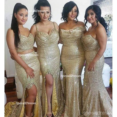 Δεν ταιριάζουν Λαμπερό Χρυσό Πούλιες Γοργόνα Παράνυμφος Φορέματα, Φθηνή Μοναδικό Τσεκιών Παράνυμφος Μακρύ Φόρεμα, BD124