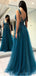 Exclusivo Teal V Neck Side Slit A-line Long Evening Prom Vestidos, Cheap Sweet 16 Vestidos, 18350