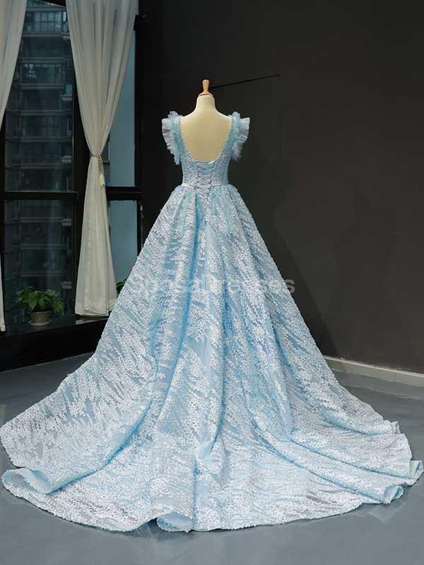Tiffany Blue A-line Unique Ruffle Long Evening Prom Dresses, Evening Party Prom Dresses, 12235