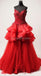 Rendas vermelhas frisado babados uma linha longos vestidos de baile, vestidos de festa à noite, 12306