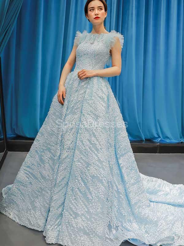 Tiffany Blue A-line Unique Ruffle Long Evening Prom Dresses, Evening Party Prom Dresses, 12235