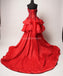 Rendas vermelhas frisado babados uma linha longos vestidos de baile, vestidos de festa à noite, 12306