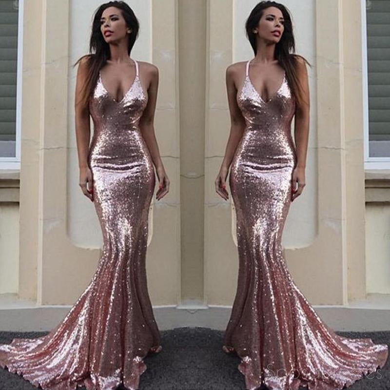 Sexy Backless Rose Gold Sequin Mermaid Evening Prom Dresses, Popular 2018 Party Prom Dresses, Custom Long Prom Dresses, Cheap Formal Prom Dresses, 17210