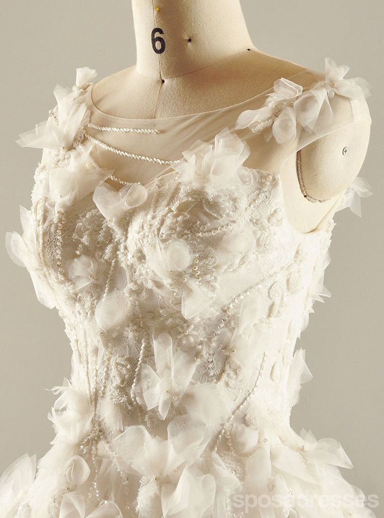 Στρογγυλή Λαιμόκοψη Δείτε Μέσα από το Χειροποίητο Λουλούδι Φορέματα Ενός γραμμών Γάμου, Custom Made νυφικά, Φθηνά Νυφικά, WD217