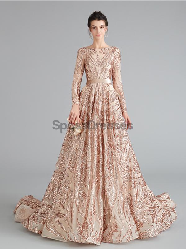 Μακριά μανίκια Sparkly Rose Gold Backless Evening Prom Dresses, Evening Party Prom Dresses, 12111