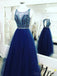 Sexy Open Back Royal Blue Delicado Beading Rhinestone A linha Tulle Long Evening Prom Dresses, 17346