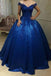Azul Royal Off Shoulder Lace A linha Long Evening Prom Dresses, 17469