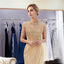 Gold Rhinestone Cap-Sleeves Heavily Beaded Mermaid Evening Prom Φορέματα, Βραδινά Πάρτι Prom Φορέματα, 12042