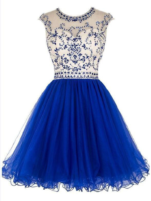 Προκλητικός Ανοίξτε πίσω το Βασιλικό Μπλε Σύντομο Τούλι homecoming prom φορέματα, CM0008