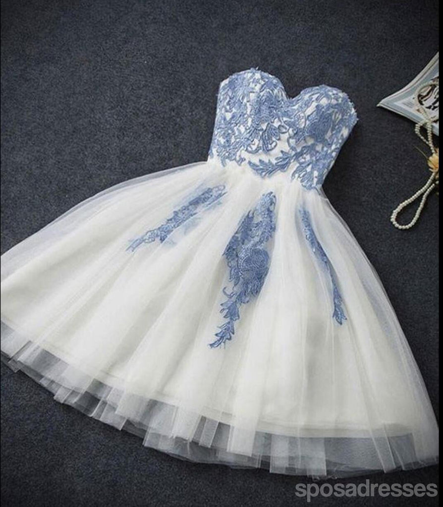 Sweetheart Ντεκολτέ μπλε δαντέλα Homecoming Prom φορέματα, φθηνά γλυκά 16 Φορέματα, CM353