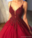 Vermelho-escuro Uma linha Lace Beaded V Neckline Long Evening Prom Dresses, Vestidos de Baile para os estudantes Partidários Longos, 17274