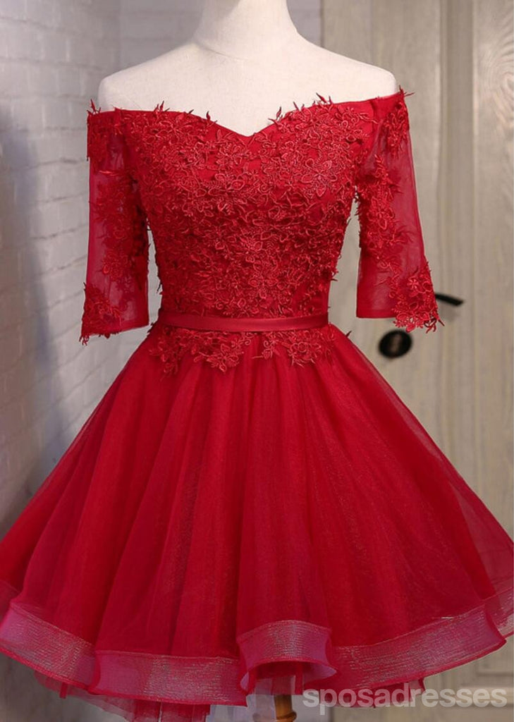 Από τον ώμο κοντό μανίκι κόκκινη δαντέλα χαριτωμένα φορέματα χορού Homecoming, προσιτά σύντομα φορέματα χορού Κόμματος, τέλεια φορέματα Homecoming, CM307