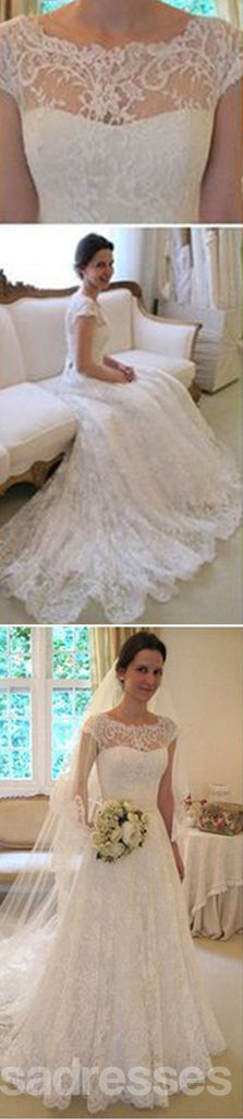 Longo de Uma Linha de Pescoço Redonda Ilusão Laço Branco de Casamento Vestidos de Festa, WD0044