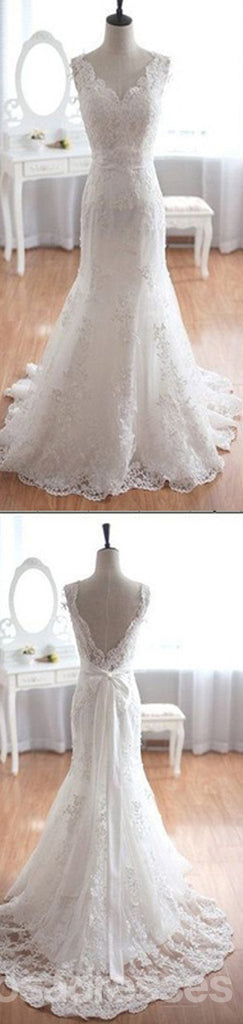 Popular Elegante V-Pescoço Longo Sereia Laço Branco Vestido de Noiva, Festa de Casamento Vestidos , WD0045