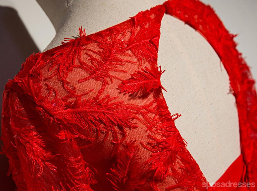 Μέτρια Μακρύ Μανίκι Κόκκινη Δαντέλα Χαριτωμένο Homecoming Prom Φορέματα, Οικονομικά Σύντομο Κόμμα Φορέματα Prom, Τέλεια Homecoming Φορέματα, CM310