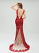 Maroon Lace Side Slit Deep V Neckline Mermaid Long Evening Prom Dresses, 17531