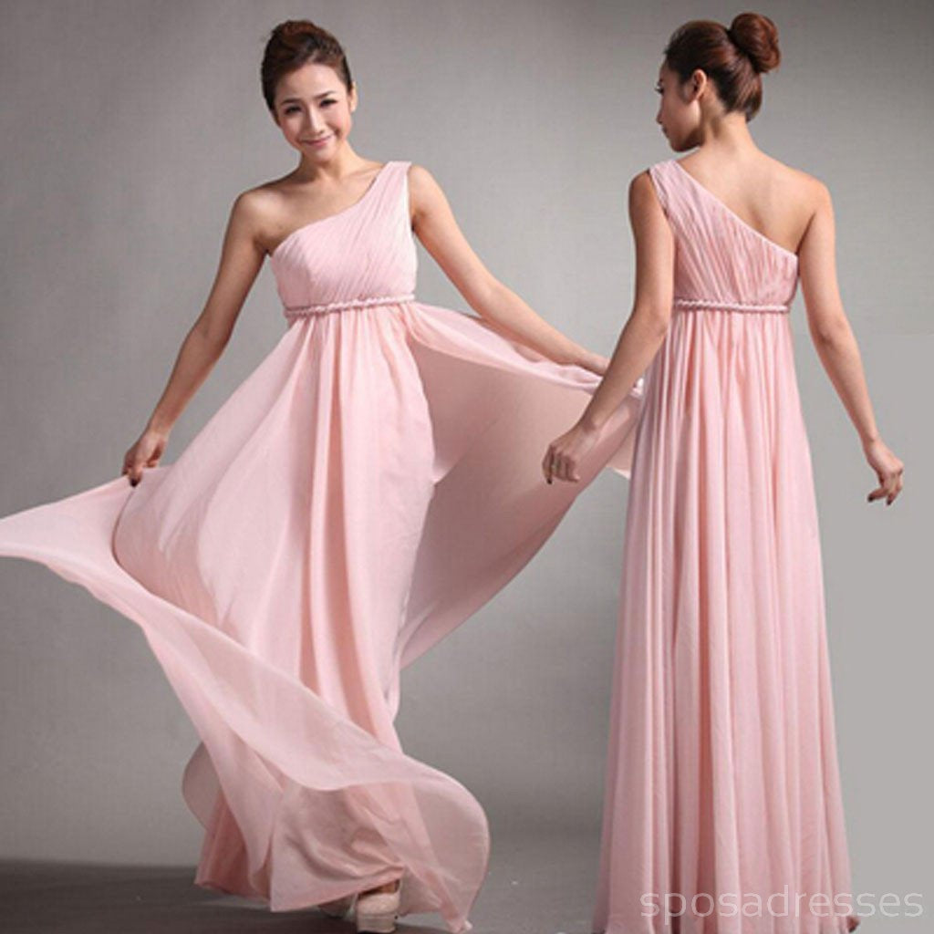 Popular Junior One Shoulder Pink Chiffon Simple Cheap Bridesmaid Dresses, WG49