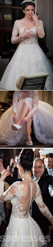 Encantador popular de renda de manga longa veja através de vestidos de festa de casamento, WD0049