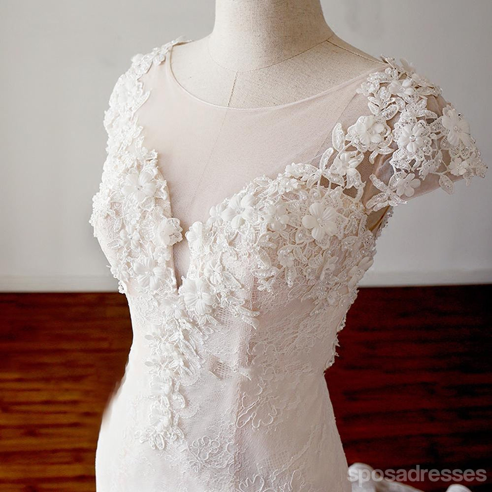 2018 Sexy See Through Cap Sleeve Lace Γοργόνα Γαμήλια Νυφικά Φορέματα, Προσιτά Προσαρμοσμένα Γαμήλια Νυφικά, WD268