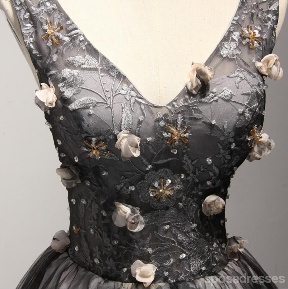 V Ντεκολτέ Μικρή Μαύρη Δαντέλα Homecoming Prom Φορέματα, Λίγο Πίσω, Φόρεμα, CM205
