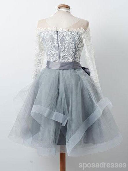 Long Sleeves Lace Grey Short Φτηνές Φθηνά Φορέματα Online, CM576