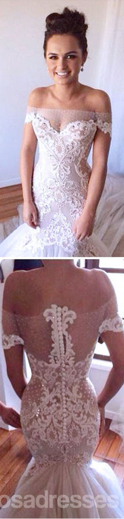 Alta qualidade fora do ombro sexy ver através de vestidos de festa de casamento de renda sereia, WD0061