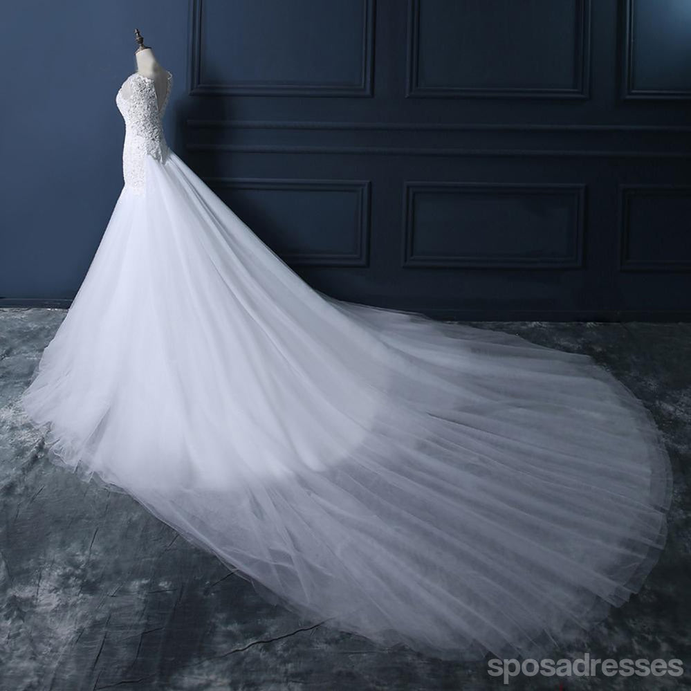 Decote de pá de cadarço vestidos de casamento de casamento de sereia de rabo de Long Tull, vestidos de casamento de casamento feitos alfandegários baratos, WD280