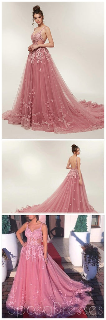 Δείτε μέσα από dusty ροζ δαντέλα α-γραμμή μακρύ βράδυ Prom φορέματα, φτηνά γλυκά 16 φορέματα, 18354