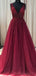 Δείτε Μέσα Από V Λαιμό Σκούρο Κόκκινο Beaded Long Evening Prom Φορέματα, Φτηνές Προσαρμοσμένο Κόμμα Prom Φορέματα, 18590