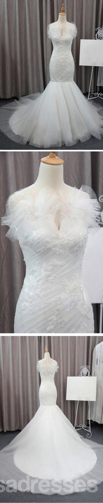 Vestidos de festa de casamento de tule de sereia de cadarço brancos elegantes magníficos, vestido de noiva, WD0072