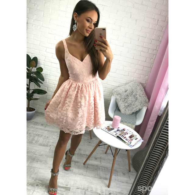 Κοντά φθηνά απλό V Neck Blush Pink Lace Homecoming Dresses 2018, CM518