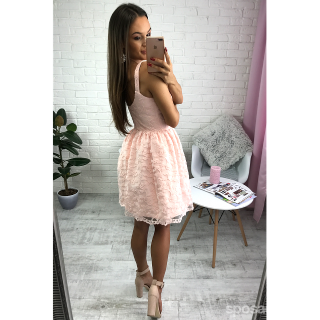 Κοντά φθηνά απλό V Neck Blush Pink Lace Homecoming Dresses 2018, CM518